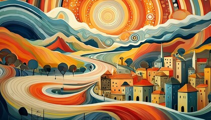 Surreal landscape art with vibrant colors and whimsical patterns
