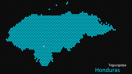 A map of Honduras, with a dark background and the country's outline in the shape of a colored hexagon, centered around the capital. A simple sketch of the country