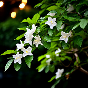 parijat tree parijatak night flowering jasmine plant,Night flowering jasmine delightfully showcased amid blurred natural backdrop,generate ai
