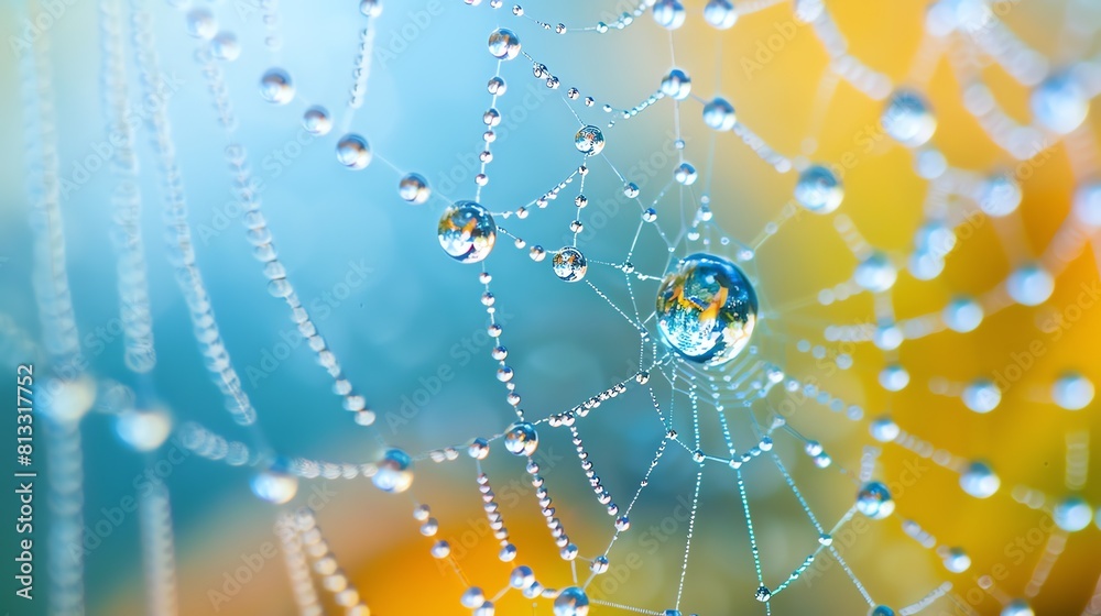 Canvas Prints delicate and detailed close-up of a wet spider web with dew drops against a blurry background of blu