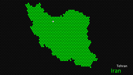 A map of Iran, with a dark background and the country's outline in the shape of a colored hexagon, centered around the capital. A simple sketch of the country