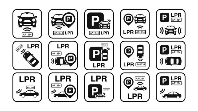 Vehicle Detection, ANPR, ALPR and LPR Car Parking Icon Set: Car Parking Icon, Parking and Traffic Signs Isolated on a White Background, Map Parking Pointer. Vector Illustration.