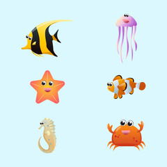 Vector collection of various types of sea animals in cartoon style
