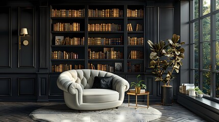 A cozy reading corner with black built-in bookshelves, a white armchair, and gold floor lamp,...