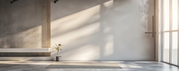 Obraz premium A minimalist fitness room with basic gym equipment, a yoga mat, and mirrored walls