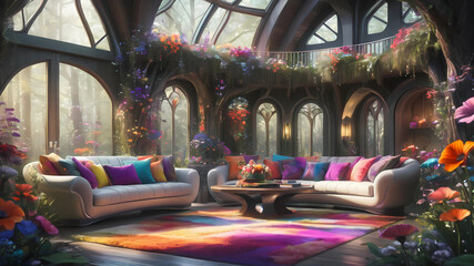 large elegant futuristic cottage greatroom, in enchanted forest. colorful flowers.