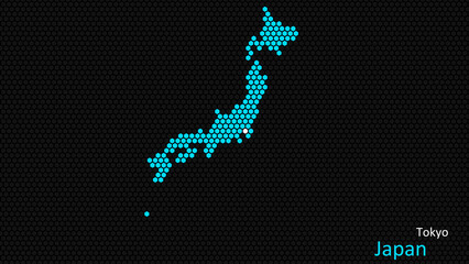 A map of Japan, with a dark background and the country's outline in the shape of a colored hexagon, centered around the capital. A simple sketch of the country