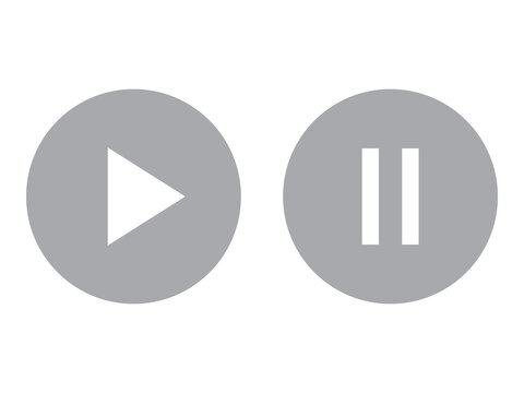Set of gray circular media playback icons including play and pause symbols isolated on a white background for user interface design.