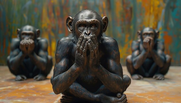 Three Wise Monkeys Statues in Colorful Setting