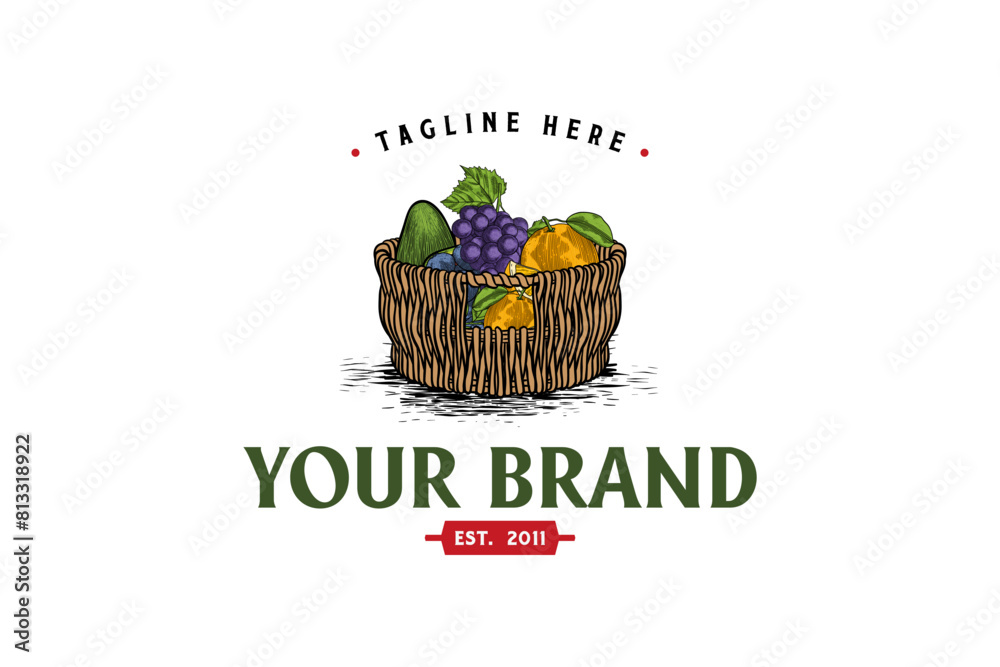 Wall mural hand drawn fruit basket illustration logo