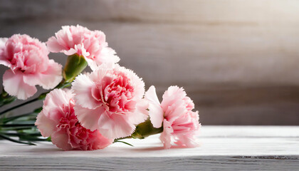 Pink carnations and white wooden background