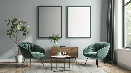 Fototapeta premium Modern Home Retreat: Stylish Chairs and Mockup Frame Display
