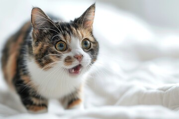 Annoyed calico cat with arched back and flat ears, hissing dramatically against a soft white muslin backdrop