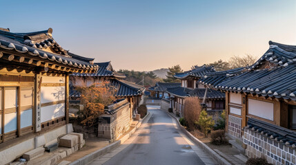 Warm daylight scene of a historic Korean village street, traditional hanok buildings, clear blue sky