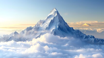 A majestic snow-capped mountain rises above the clouds. Its peak is bathed in the warm glow of the setting sun.