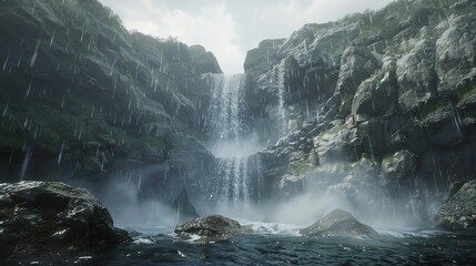 The image is a beautiful landscape of a waterfall in a valley. The waterfall is surrounded by tall...