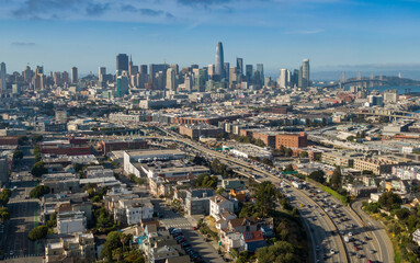 Freeway traffic and San Francisco city skyline, California, United States of America.