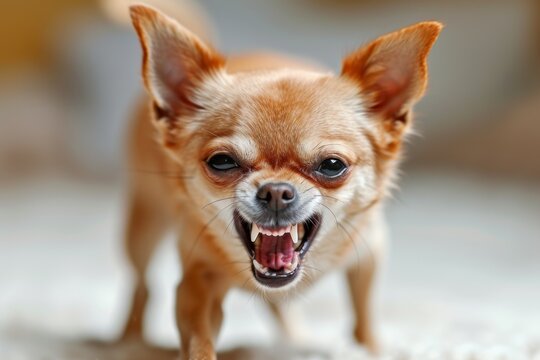 Tiny but fierce Chihuahua snarling with intense aggression, showcased in a seamless white setting with shadowless lighting