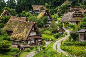 A whimsical fairytale village with thatched-roof cottages and winding pathways