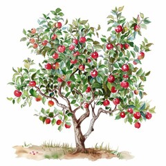 Watercolor painting of a charming apple tree orchard with branches laden with ripe fruit, on isolated white background, Generative AI