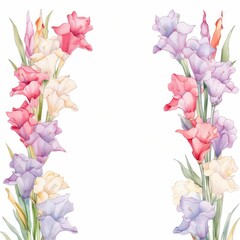 gladiolus themed frame or border for photos and text.tall spikes of colorful blooms. watercolor illustration, flowers frame, botanical border, Watercolor Flowers Frame.