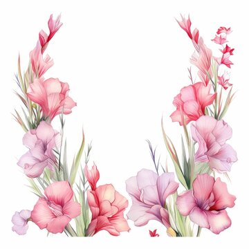 gladiolus themed frame or border for photos and text.tall spikes of colorful blooms. watercolor illustration, flowers frame, botanical border, Watercolor Flowers Frame.