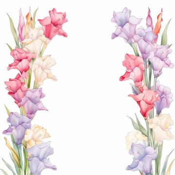 gladiolus themed frame or border for photos and text.tall spikes of colorful blooms. watercolor illustration, flowers frame, botanical border, Watercolor Flowers Frame.