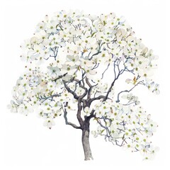Watercolor painting of a charming flowering dogwood tree with its delicate white blossoms, on isolated white background, Generative AI