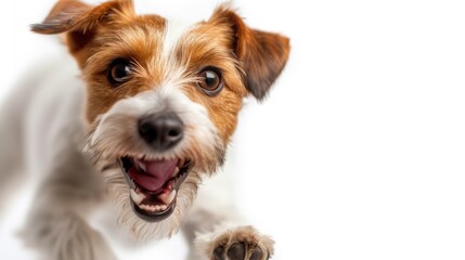Ecstatic Jack Russell in blurred motion, joyfully leaping in a dynamically lit setting on a clean white background