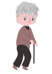grandpa has white hair, grandpa uses a cane, grandpa walks around using a cane