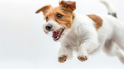 Ecstatic Jack Russell in blurred motion, joyfully leaping in a dynamically lit setting on a clean white background