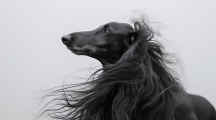 Majestic Afghan hound with a flowing coat billowing around its proud bearing, set against a pristine white backdrop