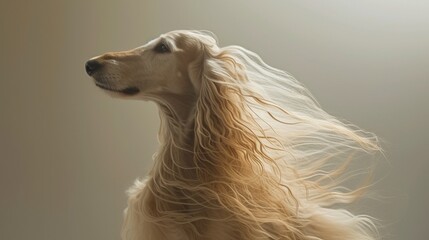 Majestic Afghan hound with a flowing coat billowing around its proud bearing, set against a pristine white backdrop