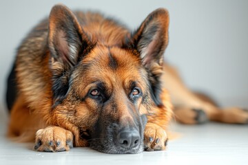Pitiful German shepherd with matted fur and glassy eyes, visibly shivering and curled up on a white floor, highlighted by gentle lighting