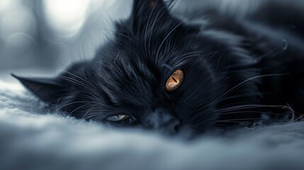 Sad black stray cat, skinny and disheveled, curled up vulnerably under soft, flattering light against a white sweep backdrop