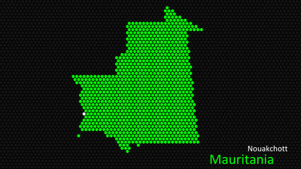 A map of Mauritania, with a dark background and the country's outline in the shape of a colored hexagon, centered around the capital. A simple sketch of the country