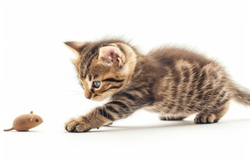 Charming young tabby kitten caught leaping joyfully, playing with a toy mouse in soft, evenly lit surroundings on a white backdrop