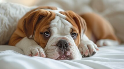 Sad bulldog puppy with melancholy eyes and droopy jowls, curled up in solitude, capturing a touching moment of vulnerability