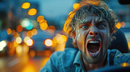 Shocked Driver in Traffic at Night