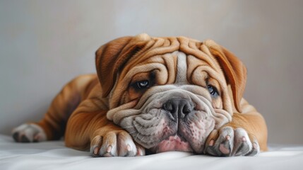 Obraz premium Sad bulldog puppy with melancholy eyes and droopy jowls, curled up in solitude, capturing a touching moment of vulnerability