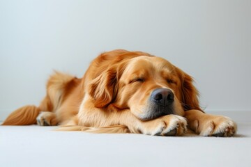 Peaceful golden retriever sleeping serenely, with eyes gently closed, lying comfortably on the floor against a pure white backdrop