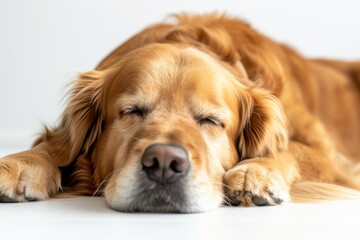 Peaceful golden retriever sleeping serenely, with eyes gently closed, lying comfortably on the floor against a pure white backdrop