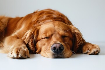 Peaceful golden retriever sleeping serenely, with eyes gently closed, lying comfortably on the floor against a pure white backdrop