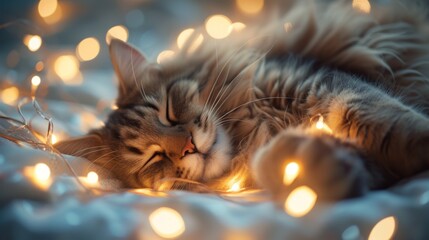 Sleepy Maine Coon cat with eyes half-closed, luxuriously curled up in a ball, its long fluffy fur glowing under soft wrapping lights on a white paper floor