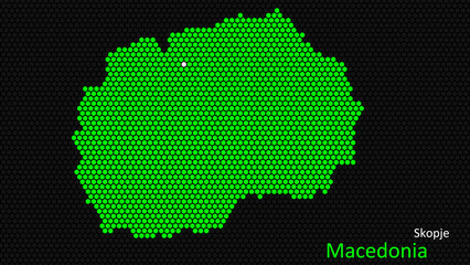 A map of Macedonia, with a dark background and the country's outline in the shape of a colored hexagon, centered around the capital. A simple sketch of the country