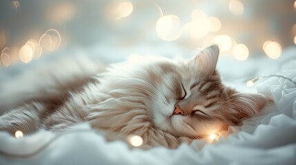 Sleepy Maine Coon cat with eyes half-closed, luxuriously curled up in a ball, its long fluffy fur glowing under soft wrapping lights on a white paper floor