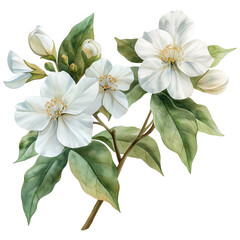 watercolor painting of jasmine white flower isolated on transparent background.