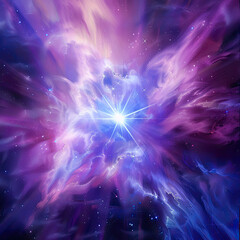 A brilliant blue star beams intensely at the core of a mesmerizing nebula with swirling shades of purple and blue, creating a stunning cosmic spectacle.