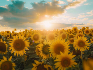 Fototapeta premium view of beautiful sunflower farm during sunset - ai