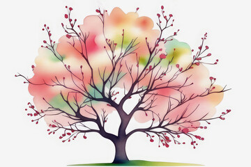 Watercolor tree colorful blossom foliage in varying shades, representing season spring, isolated on white background.